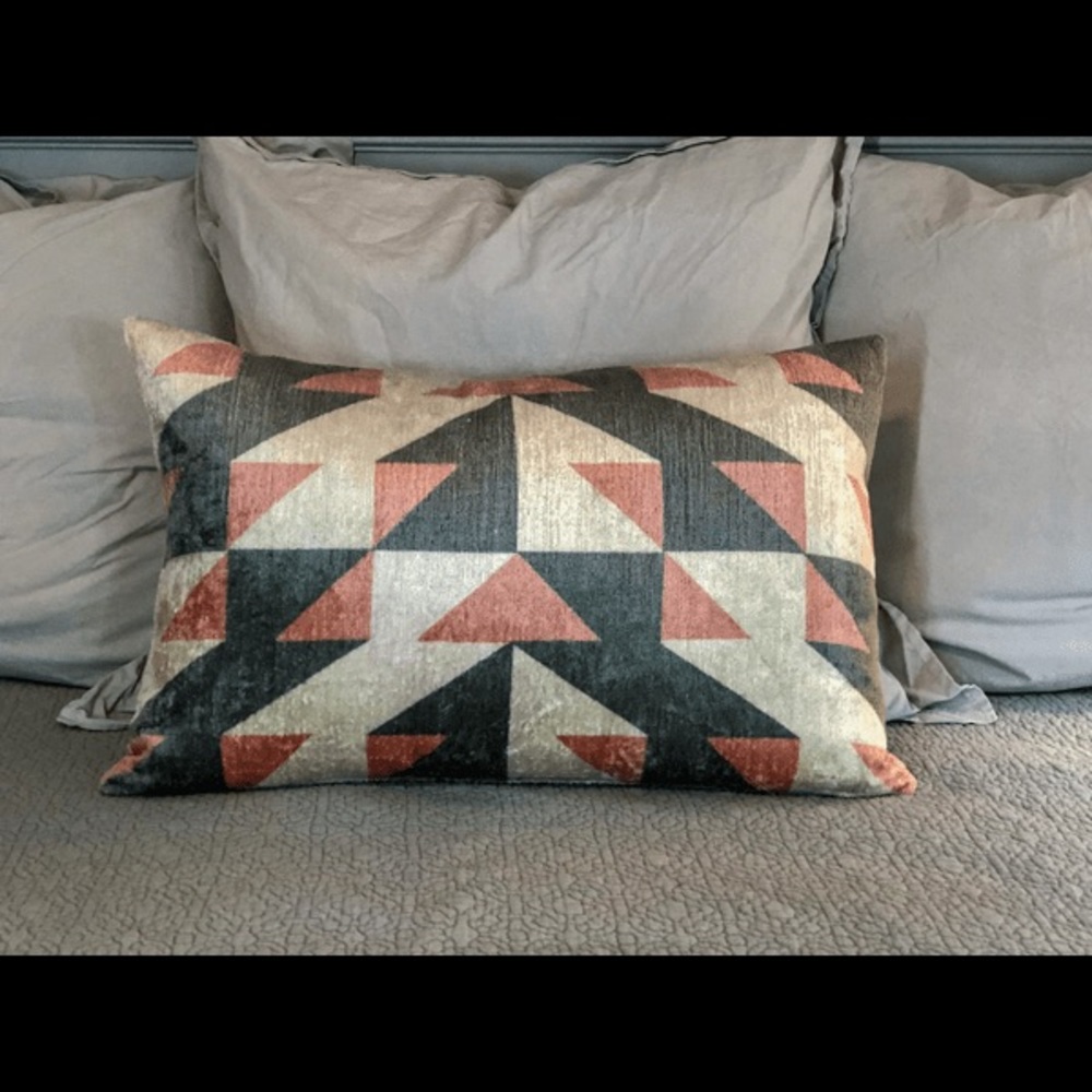 Coral & Gray Geometric Turkish Silk Velvet Pillow